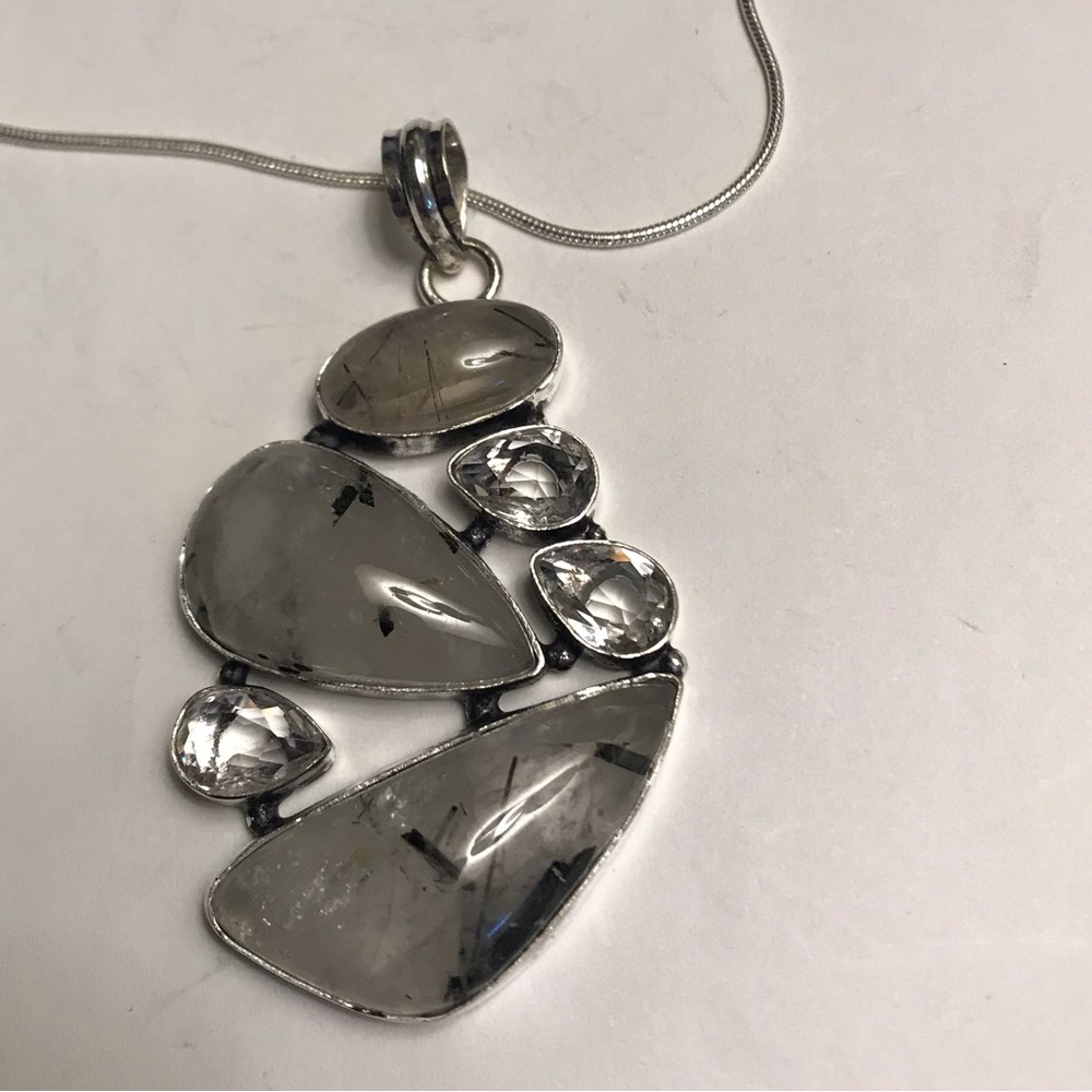 Black Rutile White Topaz Stamped 925 Sterling Silver Necklace